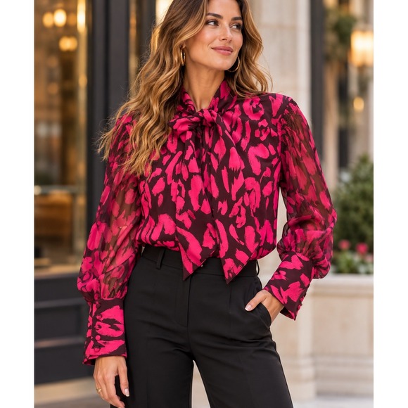 Who What Wear Tops - Chic Floral Glam Bow Blouse Sheer Sleeve Abstract Animal Blouse Mob Wife Sz M